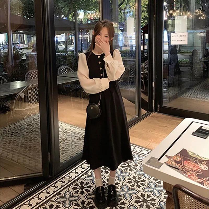 French Chic Long Sleeve A-Line Midi Dress With Built-in Bra Pad High Waist Solid Black Womens Elegant Vintage Style