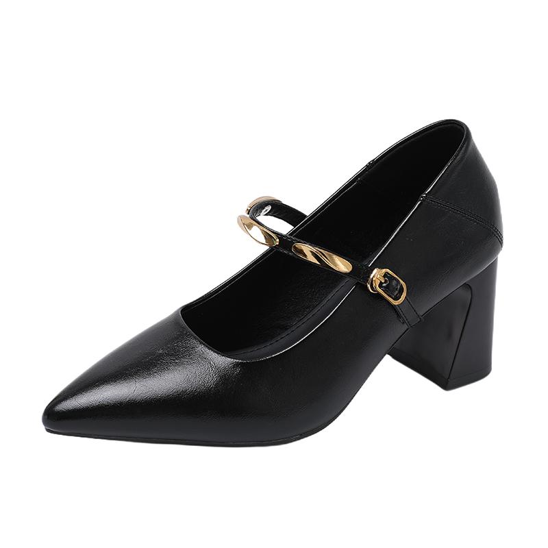 

Мода Новая французская модель туфель-лодочек с острым носком и массивным каблуком для женщин, украшенная ретро металлической бретелькой через плечо и неглубоким вырезом. 40 чёрный