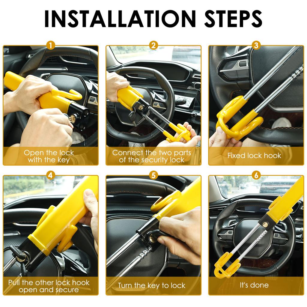 2PCS Car Steering Wheel Lock with Adjustable Length Clamp Double Hook Locks Anti-Theft Heavy Duty Security Lock for Car Vehicle