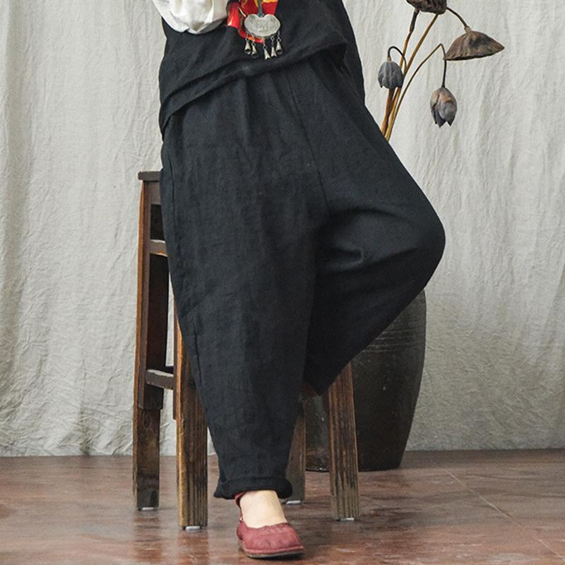 Johnature Summer Retro Solid Color Wide Leg Pants Pocket Elastic Waist Leisure Women Ankle- Length Pants