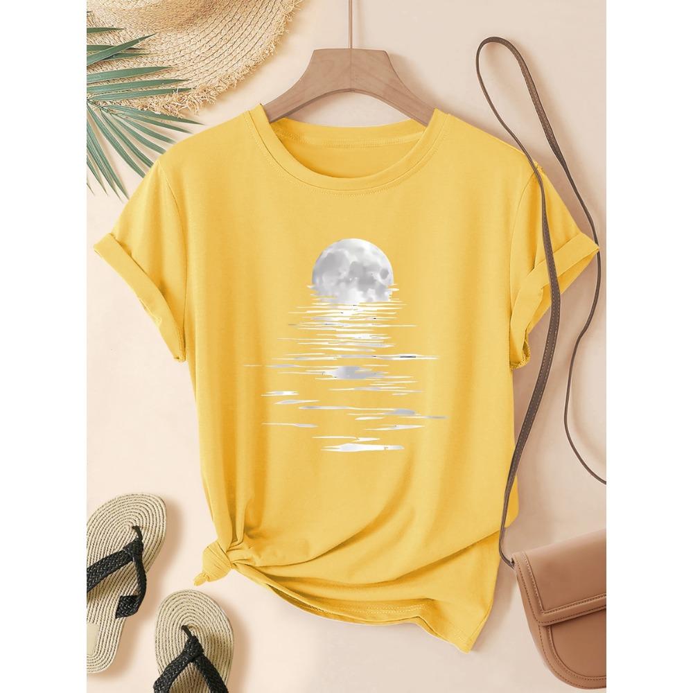 Moonlight Over Water Women's Tee - Minimalist Graphic, Casual Gray Top