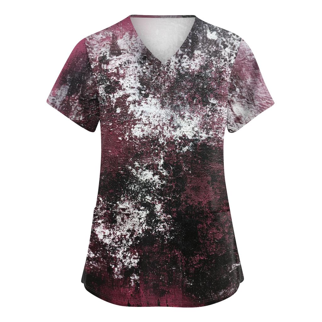 Women's V-Neck Short Sleeve Scrub Top with Pockets Halloween Print for Work