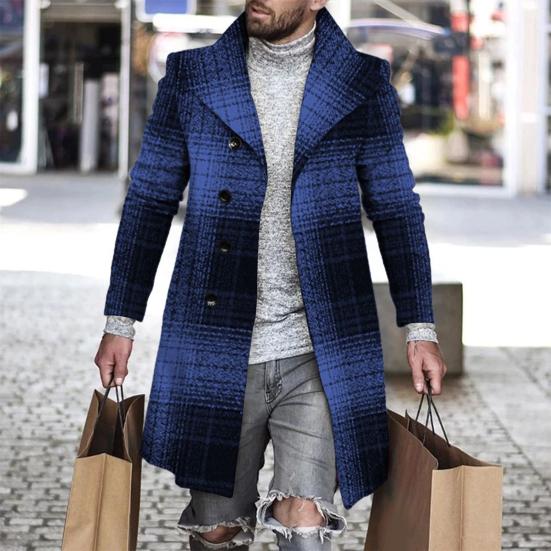 Lapel Long Sleeves Pockets Single-breasted Men Windbreaker Autumn Winter Mid-Length Plaid Patchwork Thickened Woolen Coat