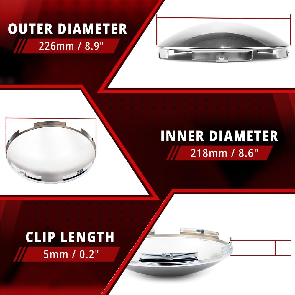 Semi Truck Hub Covers 8.9" Dome Style Hub Caps 5 Even Notched Chrome Mirror Finish Semi Hub Cap Covers for Rear Semi Truck Wheels, 1 PC
