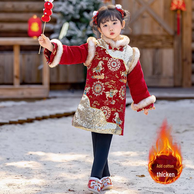 Girls' Winter Chinese Tang Suit Hanfu Set: Velvet, Thick, Trendy Two-Piece New Year Outfit