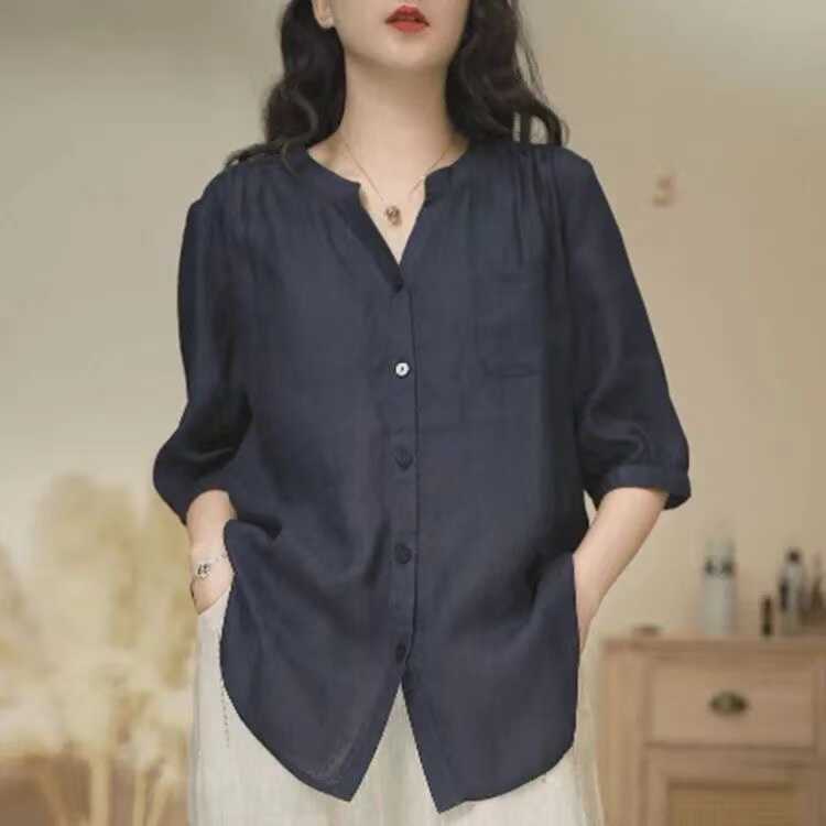 Summer Women's Linen Shirt Loose Fit Casual Thin Shirt V-neck Button Up Versatile Slimming Top Commute Wear