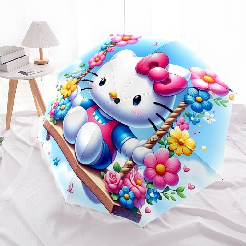 

1pc Hello Kitty Floral Swing Design Automatic Opening/Closing Umbrella - Portable Folding Design with 8-Rib Iron Frame, Perfect for Outdoor Use, Festi