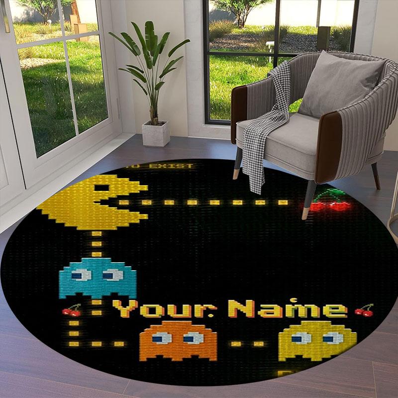 Pac-Man Custom Name Round Area Rug,Carpet Rug for Living Room Bedroom Sofa Playroom Decor,Non-slip Floor Mat