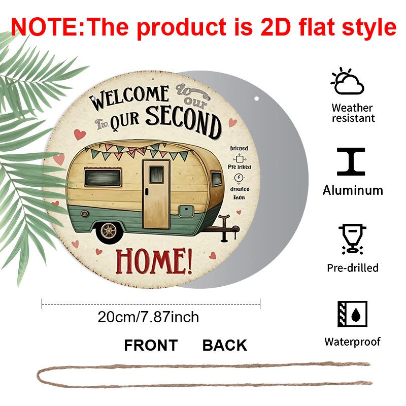 2D Flat, 1pc 7.87inchs Rustic Farmhouse Welcome Aluminum Plaque "Welcome Our Second Time" Camper Van Door Sign - Vintage RV Wall Decor with Hearts