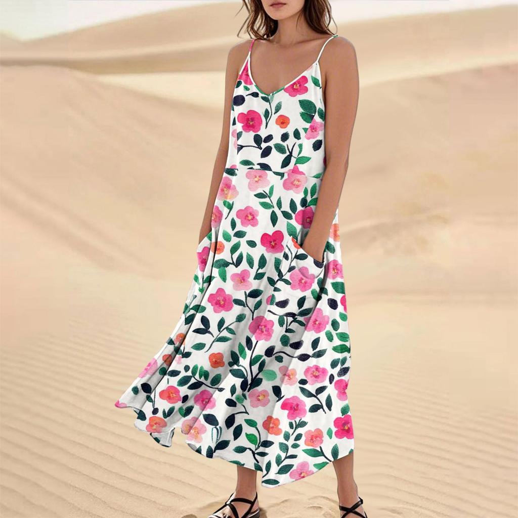 Women's Casual V Neck Floral Print Sleeveless Pocket Suspender Dress