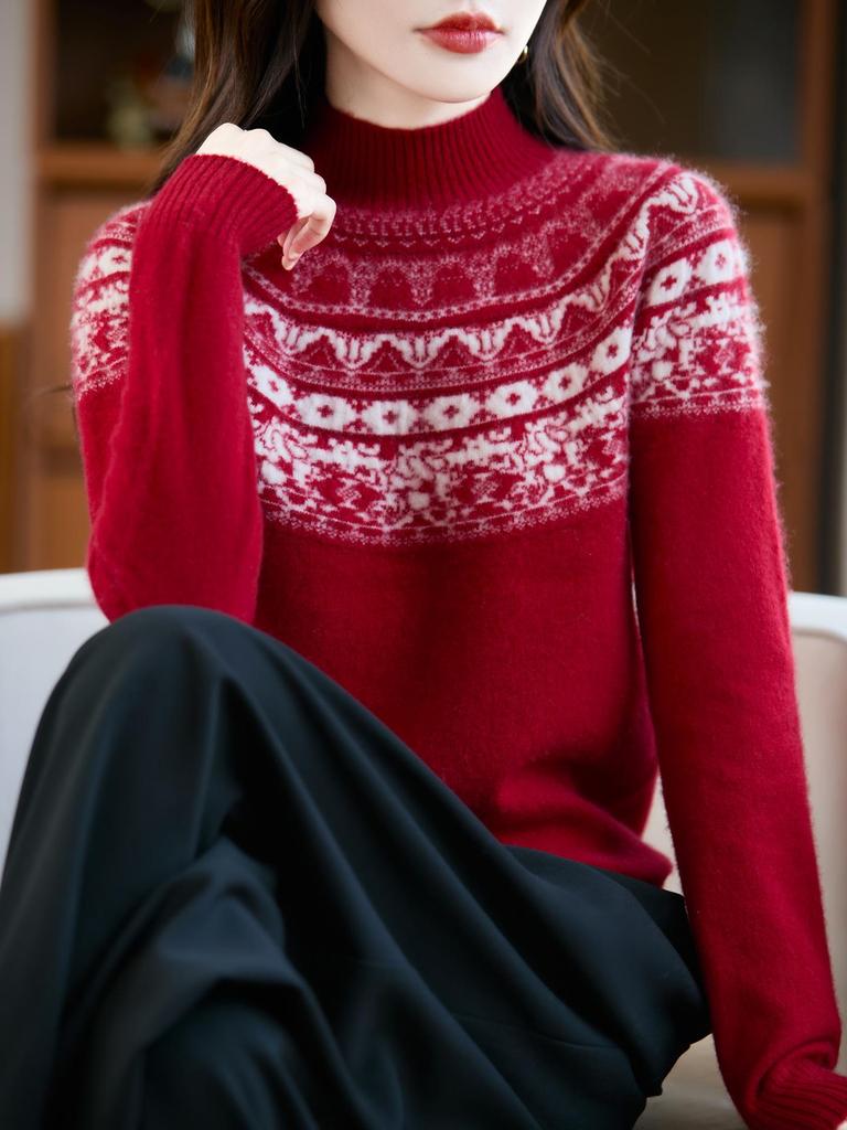 Women's Jacquard Wool Sweater: Half-High Collar, Exquisite Pattern, Loose Fit, Perfect for Autumn and Winter