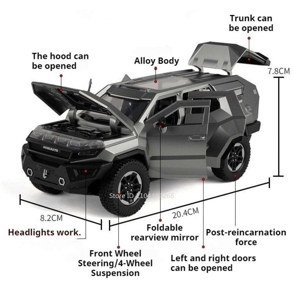 1:24 Scale Rezvani Vengeance RAM MAMMOTH Alloy Car Model Toy Pull Back Music Light Cross-Country Vehicles Home Decoration