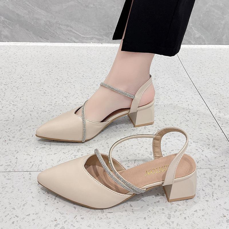 Fashion Sandals Women's Style Summer New Thick Heel Pointed Head Bag Head Word with Rhinestone Women's High Heels Women's Shoes