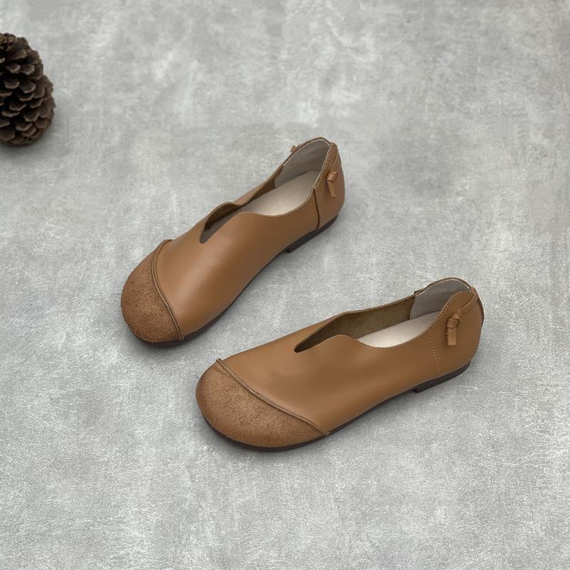 Johnature Retro pravá kůže Ženy Měkká podešev Ploché Boty Ruční výroba Ležérní Mělké nazouvací mokasíny s kulatou špičkou