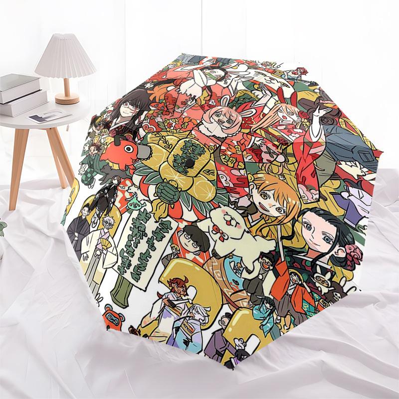 1pc Outdoor Umbrella with Japanese Characters and Festival Elements - Automatic Opening/Closing, Portable 3-Fold Design, 8-Rib Iron Frame - Perfe