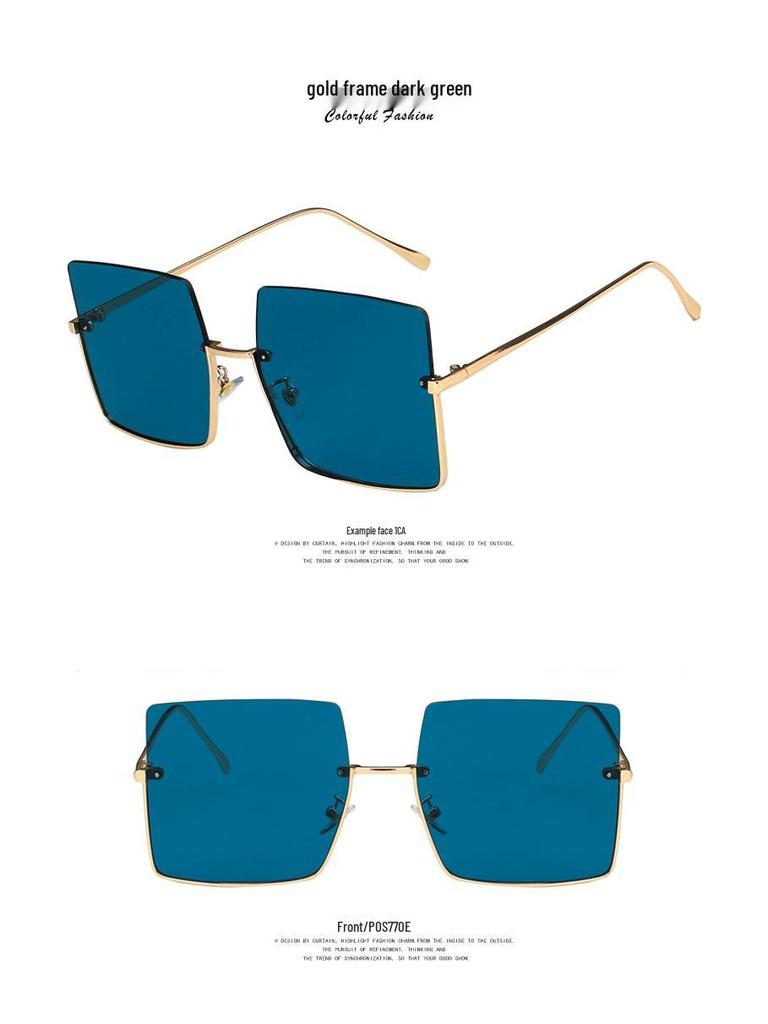Metal Cut-Edge Semi-Rimless Oversized Square Sunglasses - 2021 Retro Style for Women's Round Faces, Celebrity-Favored.