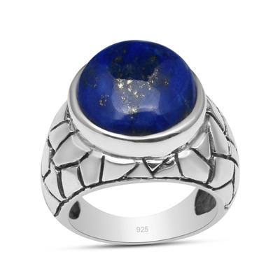 Massiver 925er Sterlingsilber-natürlicher Lapislazuli-Edelstein, handgefertigter Statement-Ring mit breitem Schaft und Gravur für Herren