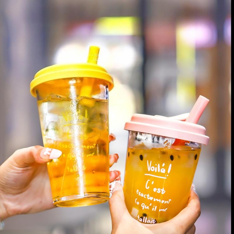 High Aesthetic Printed Straw Cup, Glass Cup with Lid, Portable Flip Over Student Water Cups, Beverage Beer Glass, Wine Glasses