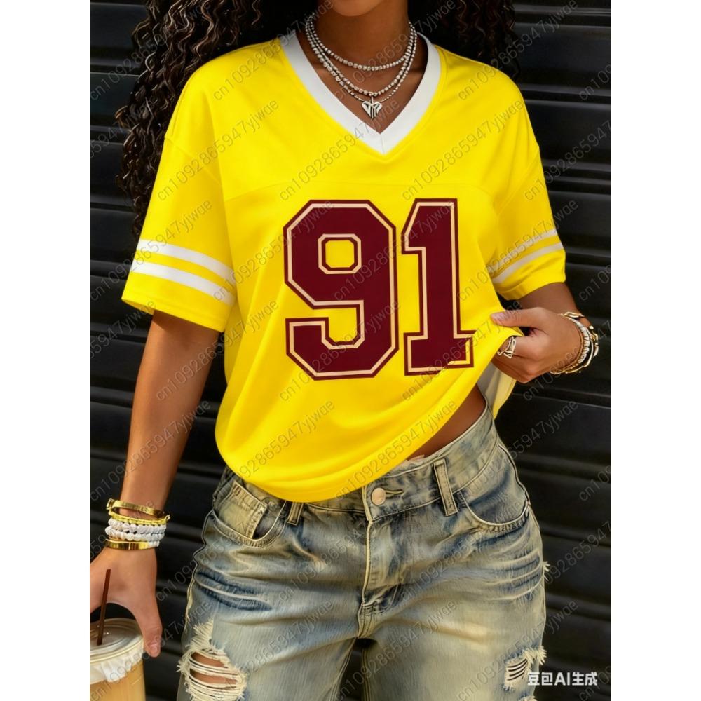 American Style Women BUMBER 91  Print Lightweight Breathable V-Neck Short Sleeved Baseball T-Shirt Women Jersey T-Shirt