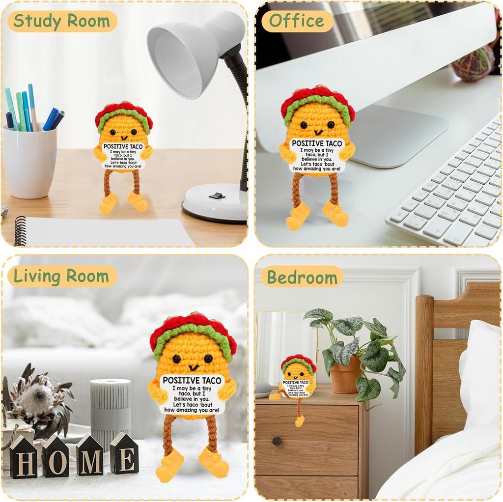 Crochet Inspirational Positive Support Taco Doll With Crad Home Room Decoration Funny Handmade Knitted Taco Desktop Ornament