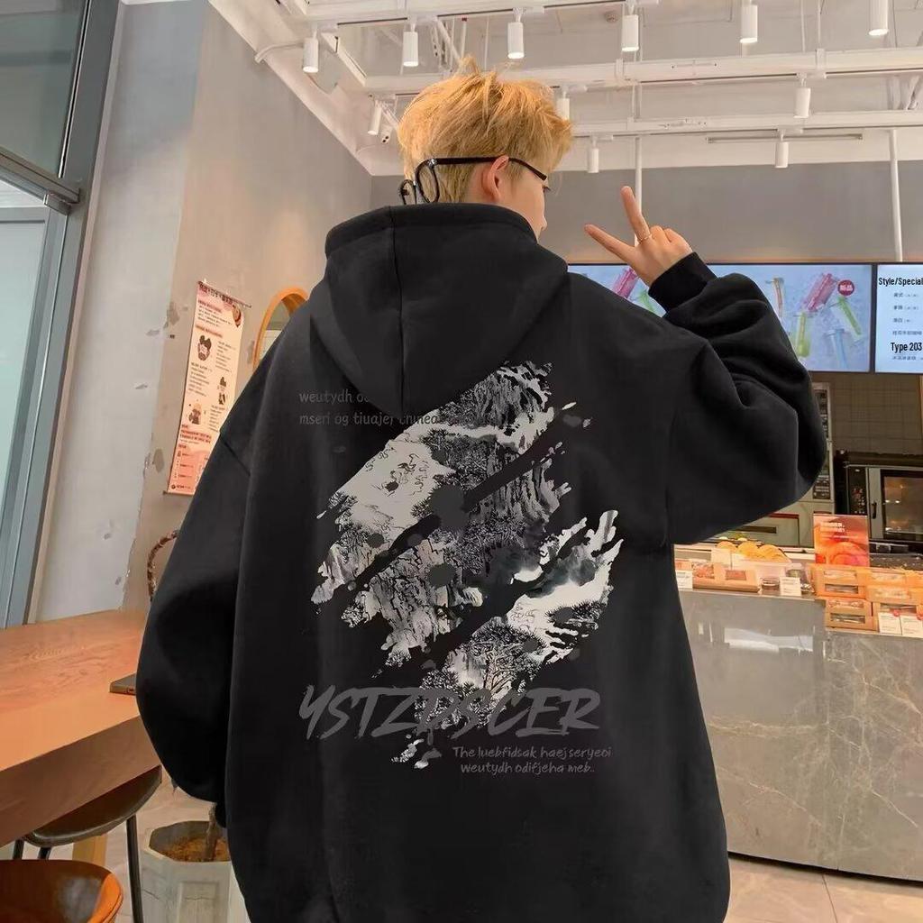 Men's Retro Graffiti Fleece Hoodie - Autumn/Winter Trendy Casual Loose Fit