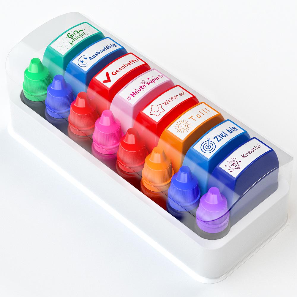 Colorful German & French Teacher Stamps Set - 8 Motivational and Encouraging Designs for Classroom & Homework