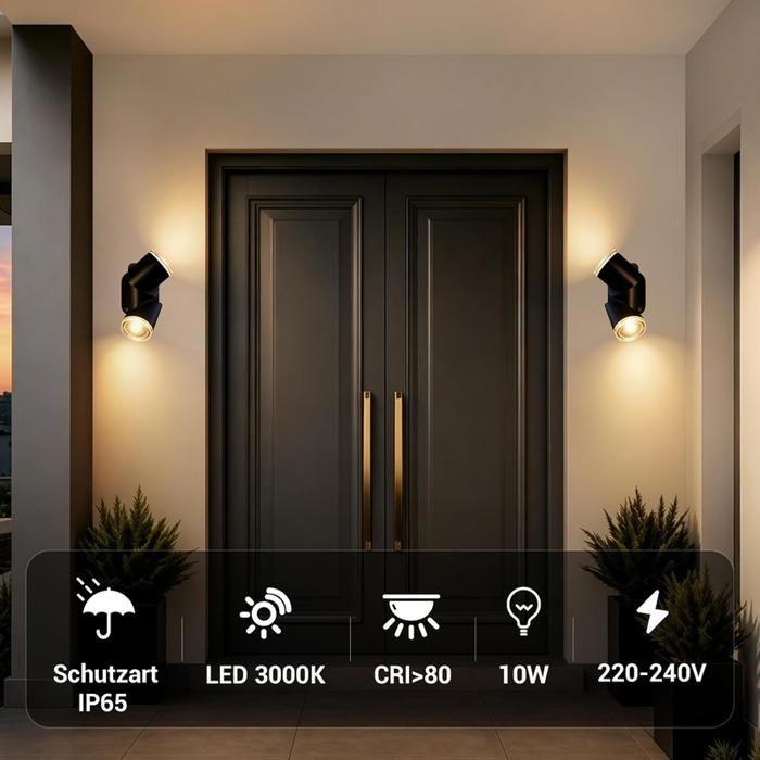 Applique murale d'extérieur LED NETTLIFE - Noire, étanche IP65, 10 W, blanc chaud 3000 K, adaptée aux murs extérieurs, modèle 2