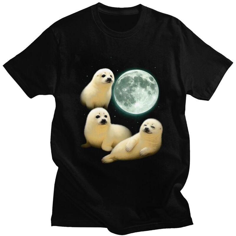Male Baby Seals And The Moon T Shirt Round Neck Pure Cotton Short Sleeve Tee Shirt Novelty Loose Fit Summer Tyle Clothing