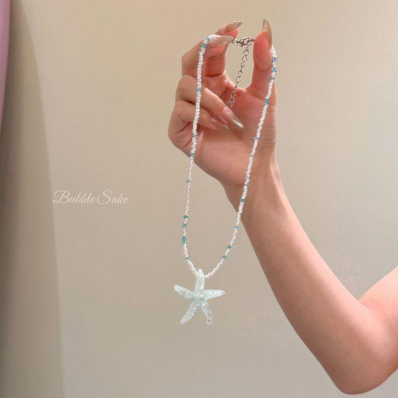 

Midsummer Diary Dopamine Color Beaded Starfish Necklace Choker Female Seaside Vacation Style Necklace Ornament Green Starfish-Rice Bead Necklace
