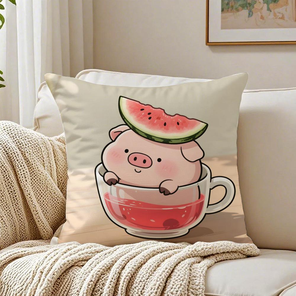 Cute Pig Summer Surprise Cushion Cover Linen Pillowcase Soft  for Sofa Bed Home Room Decor