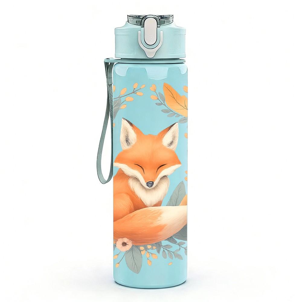 1PC Wreath Floral Fox Cartoon 750ml Color Plastic Sports Water Bottle Leakproof Flip Straw Lid Suitable for Sports Office Home Use