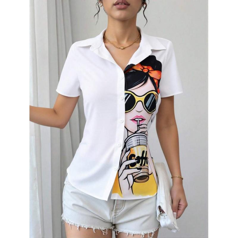 Womens Loose Fit Short Sleeve Printed Shirt Casual Vacation Style Collared Open Front Top