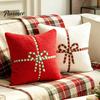 Christmas Theme Cushion Covers Throw Pillow Cover, Bow Knot Pattern 18x18 Inch Reusable Holiday Soft Plush Case for Sofa Couch Home Decor Velvet