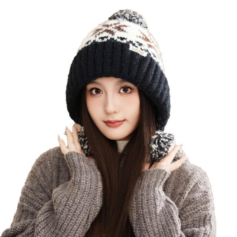 Winter hat women's rabbit fur hairball knitted hat big head circumference versatile pullover hat ear protection warm wool hat