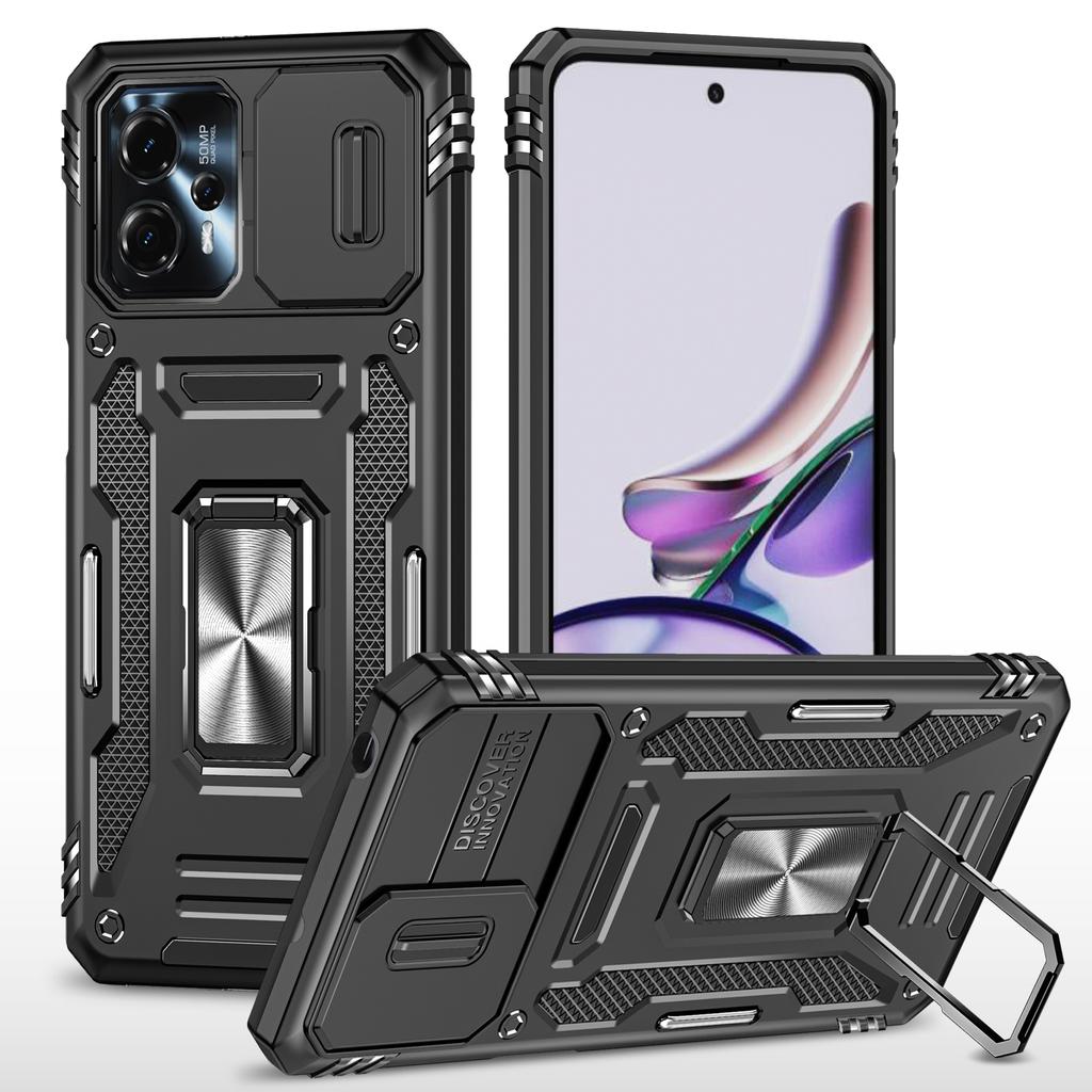 For Motorola Moto G23 4G/G13 4G Armor Series Metal Kickstand Cover Slide Lens Lid PC+TPU Phone Case