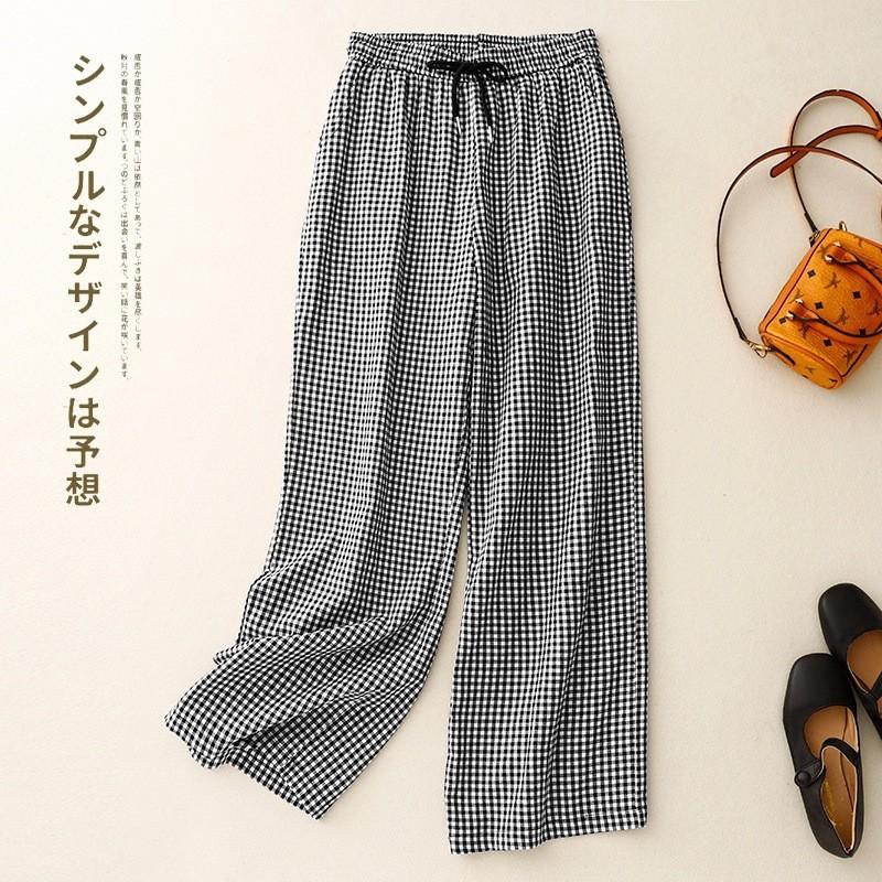 

2025 весна и лето новые удобные брюки прямого кроя на кулиске из хлопка и льна в черно-белую клетку свободные и тонкие ленивый стиль напольные брюки M