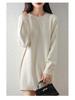 Women's Mid-Length Knitted Cotton Sweater Dress - Solid Color, Round Neck, Thick, Hip-Wrapping, Loose Fit