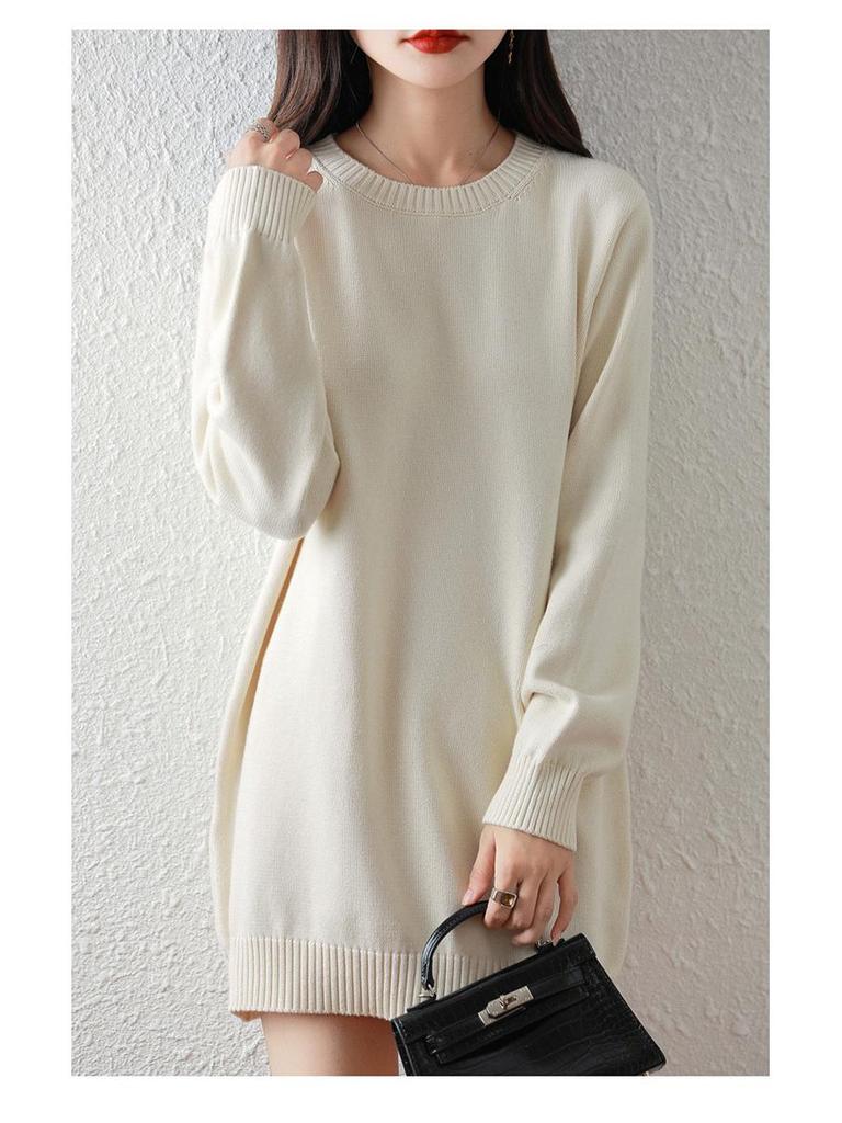 Women's Mid-Length Knitted Cotton Sweater Dress - Solid Color, Round Neck, Thick, Hip-Wrapping, Loose Fit