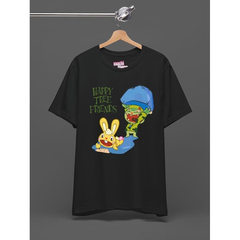 HTF Happy Tree Friends Tee - Cuddles and Flippy Cartoon T-shirt - Scene Emo Style Gore Animation Shirt Men's Black Classic Round Neck Tee All Sizes