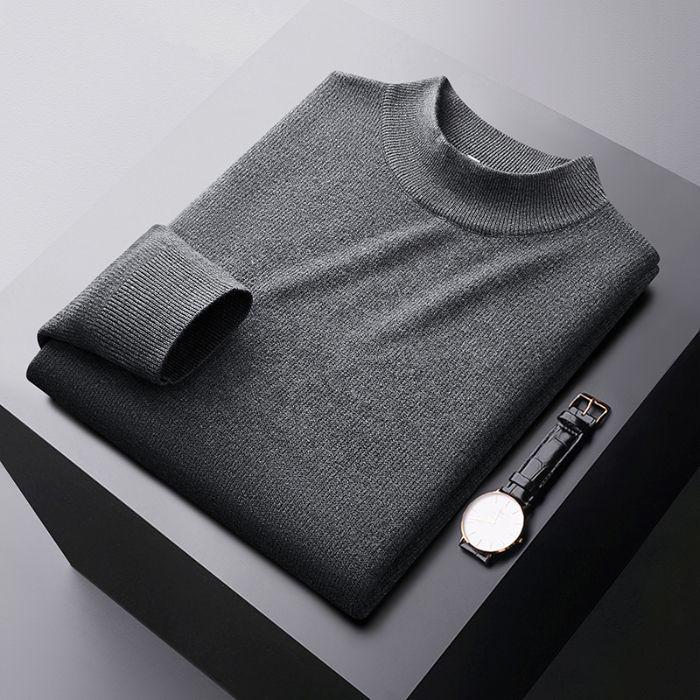 Men's Plus Velvet Half-High Collar Knit Sweater - Anti-Pilling Dobby Fleece, Solid Color for Autumn/Winter