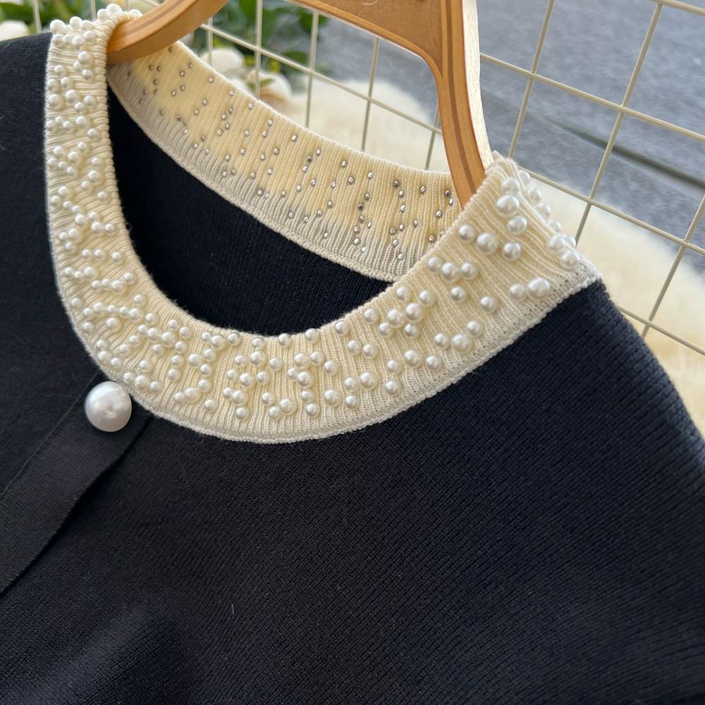 Autumn Winter Women Vintage Black Knitted Sweater Pullover Dresses with Beading