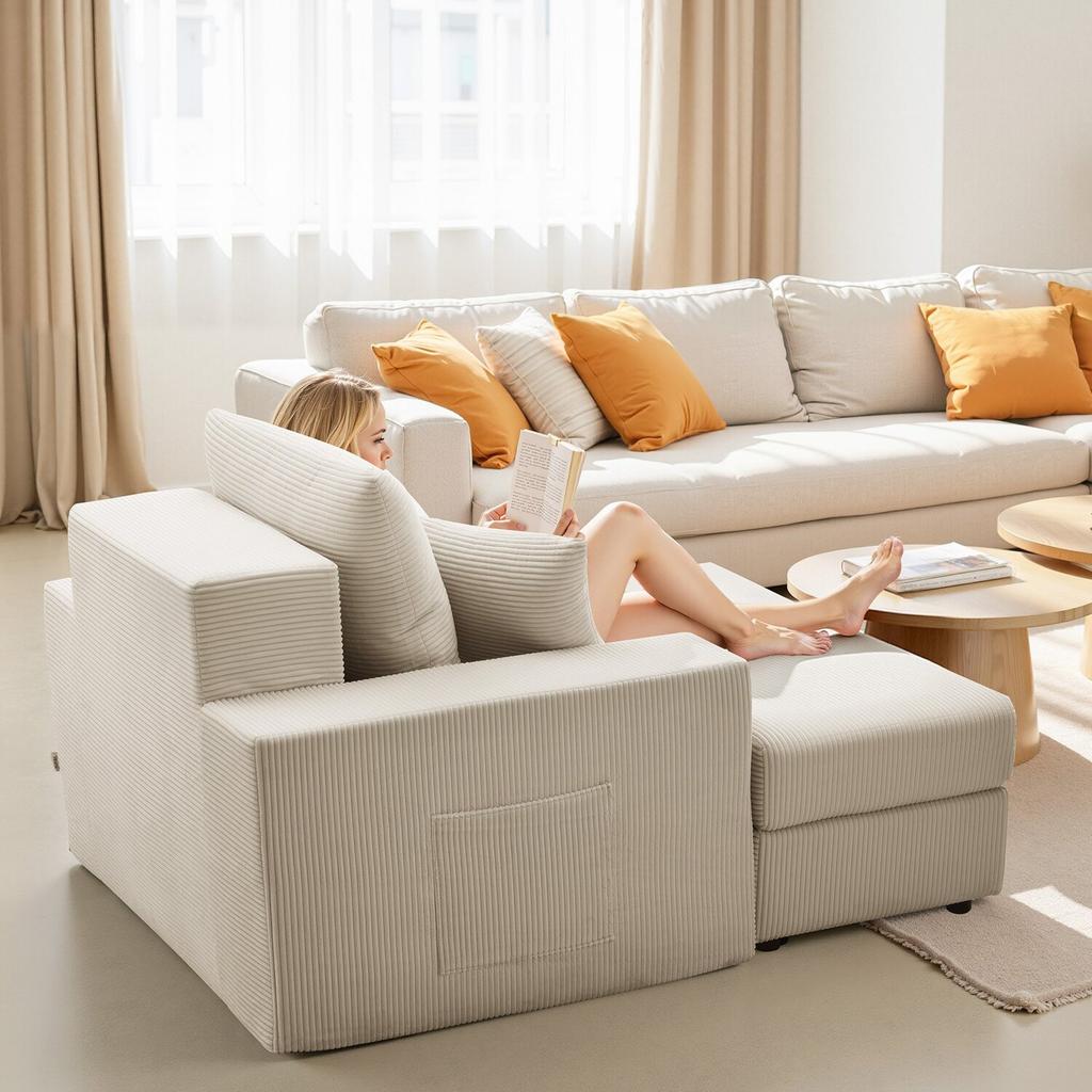 Chaise Lounge Chair, 1115 mm Boneless Modular Chaise Lounge Indoor, Oversized Corduroy Reading Chair with Throw Pillows & Armrests, Deep Seat Sofa