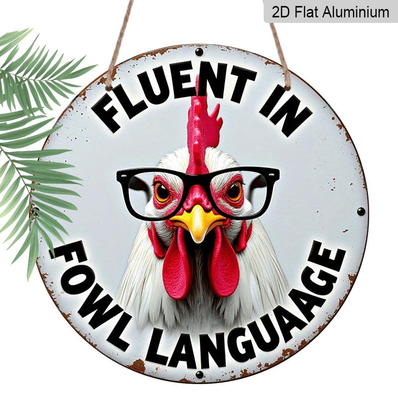 2D Flat, 1pc Round Aluminum Hanging Sign,  Fluent In Fowl Language  Funny Rooster With Glasses Design, Retro Distressed Chicken Metal Sign, Perfect 7.87*7.87 inches