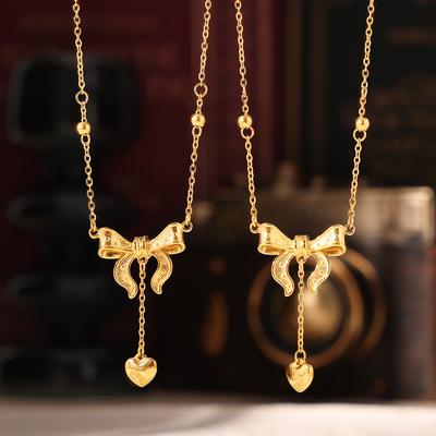 Wind Love Fringed Bow Clavicle Necklace Sweet Wind Women'S Necklace Titanium Steel Plated 18K Real Gold