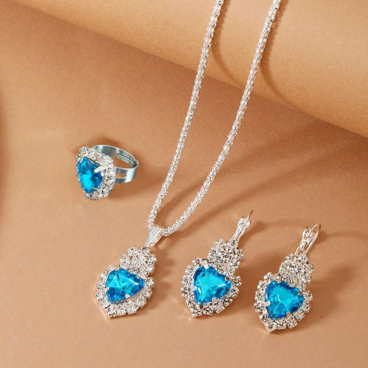 

Модное ожерелье в форме сердца океана, серьги, комплект украшений для женщин и девочек, синие циркониевые серьги, ожерелье, кольцо, украшения 4 шт./комплект синий