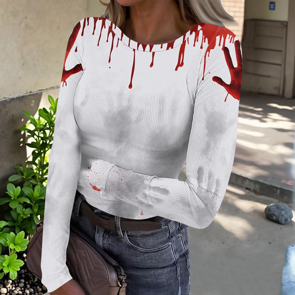 Women's Casual Ribbed Long Sleeve Top Halloween Print Round Neck Slim Fit Stretchy Knit Shirt for Fall Seasonal Wear