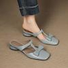 Fashion Baotou Half Slippers Women's Summer New Square Toe Shallow Mouth Bow Low Heel Block Heel Slip-on Wear-resistant Slippers