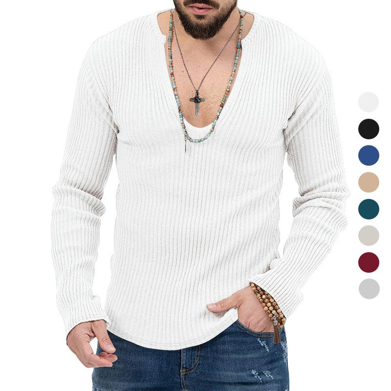 Men's Trend Spring and Autumn Deep V-neck Men's New Solid Color Knit Pullover