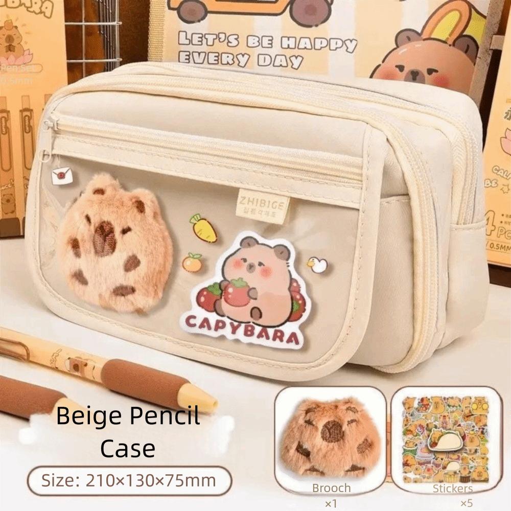 

7Pcs Zipper Closure Capybara Pencil Case Large Capacity Stationery Bag School Supplies бежевий