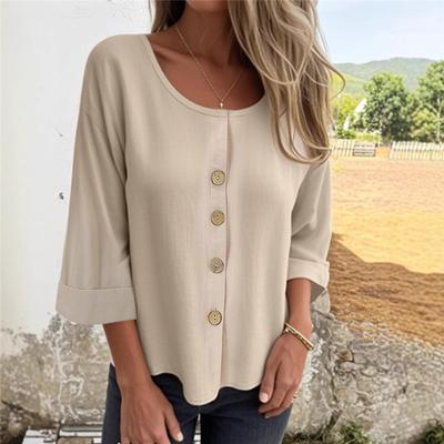 Damenoberteile, Europäische und Amerikanische Neue Lockere T-Shirts, Rundhals Baumwolle und Leinen Knopf Strickjacke, Freizeithemden